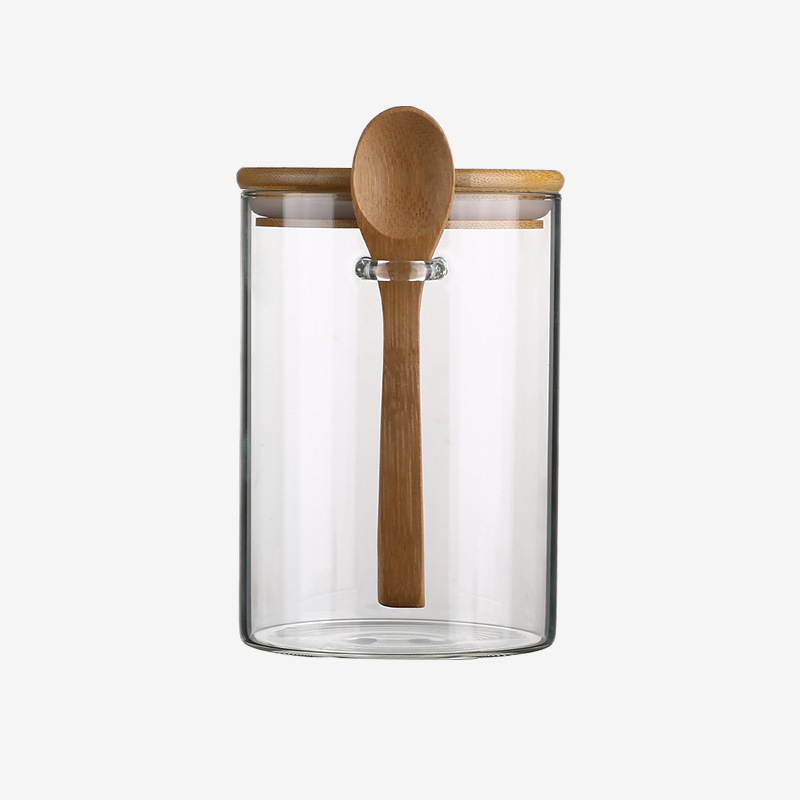 alta borosilicona vidrio redondo sellado lata caja de condimentos lata de almacenamiento granos de café cocina lata de almacenamiento con cuchara de madera