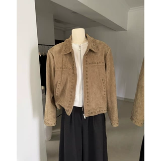塞纳设计感铆钉外套女2025秋季新款厚牛皮绒夹克美式休闲宽松上衣