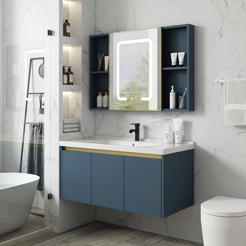 Gabinete colgante de aluminio espacio simple gabinete de baño moderno cuarto de baño Luz de lujo lavabo integrado lavabo de cerámica combinación de gabinete
