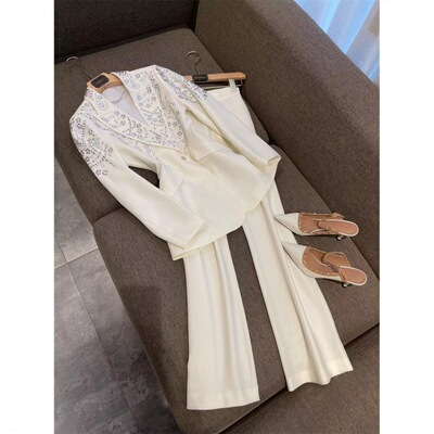 With Luxurious Gas field High fixed Rhinestone Nail bead Waist suit High waist wide leg pants suit