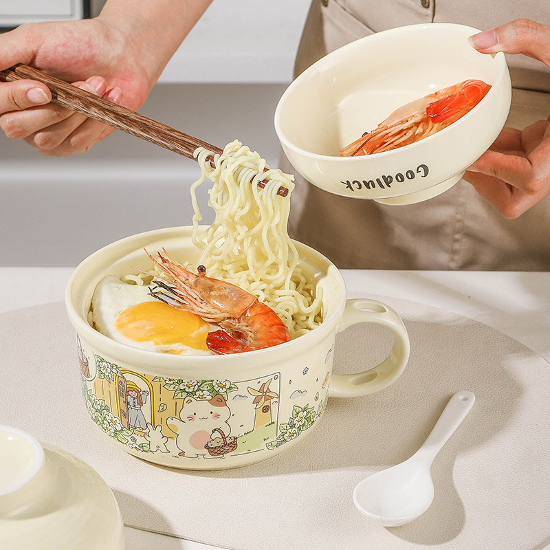 Ceramic Instant Noodle Bowl with Lid for Dormitory Use, High-Looking Noodle Bowl for Students, Microwaveable Rice Bowl, Special Bowl for Canteen Meals