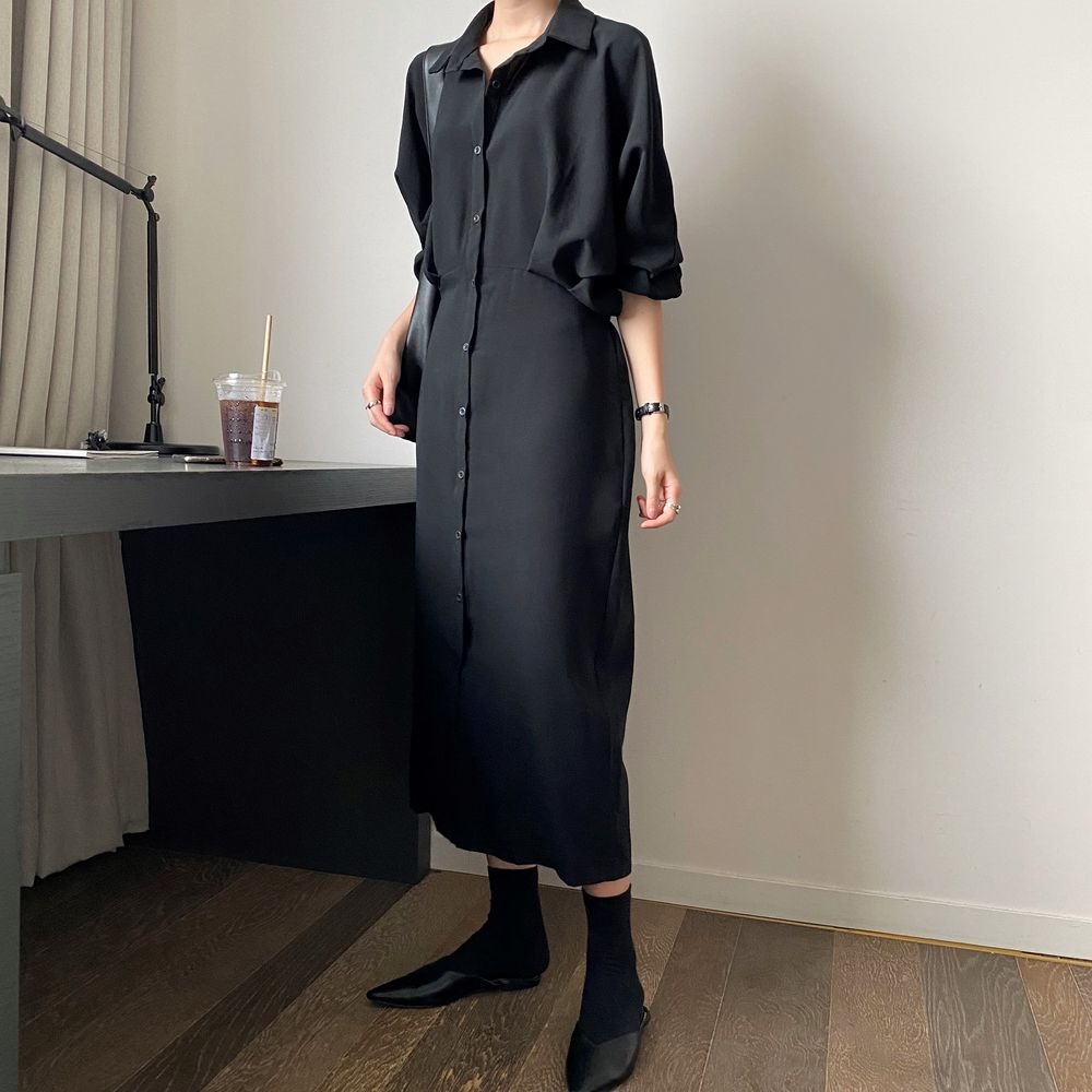 385g Weight Long Sleeve Sleeve Length A- Line Skirt Dresses Type Regular Sleeve Sleeve Type Polyester, Polyester Fabric Type Cardigan, Shirt Collar Neckline Regular Fit Fit Type Solid Color Pattern New Style, Japanese and New Leisure Style Elegant French Waist Cinching Slimming Fairy Tale Style Long Dress Goddess Look Loose Fit One Piece Pure Color Polyester Dress 5