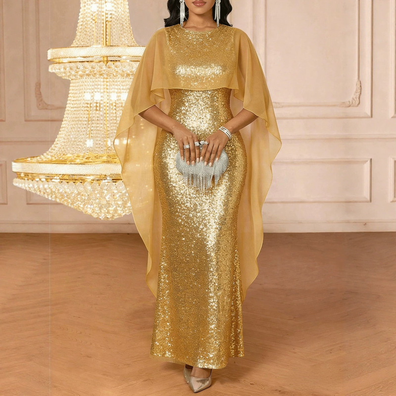 European and American Foreign Trade New Style Lace Shawl Sleeveless Slim Long Dress Fashionable Elegant Evening Gown