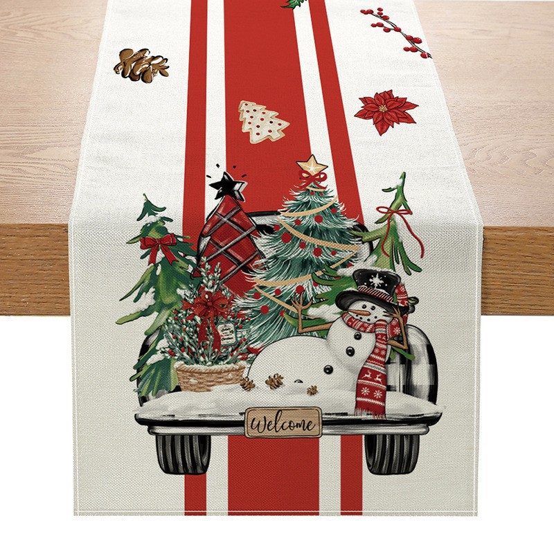 Camino de mesa navideño con estampado de muñeco de nieve y Santa