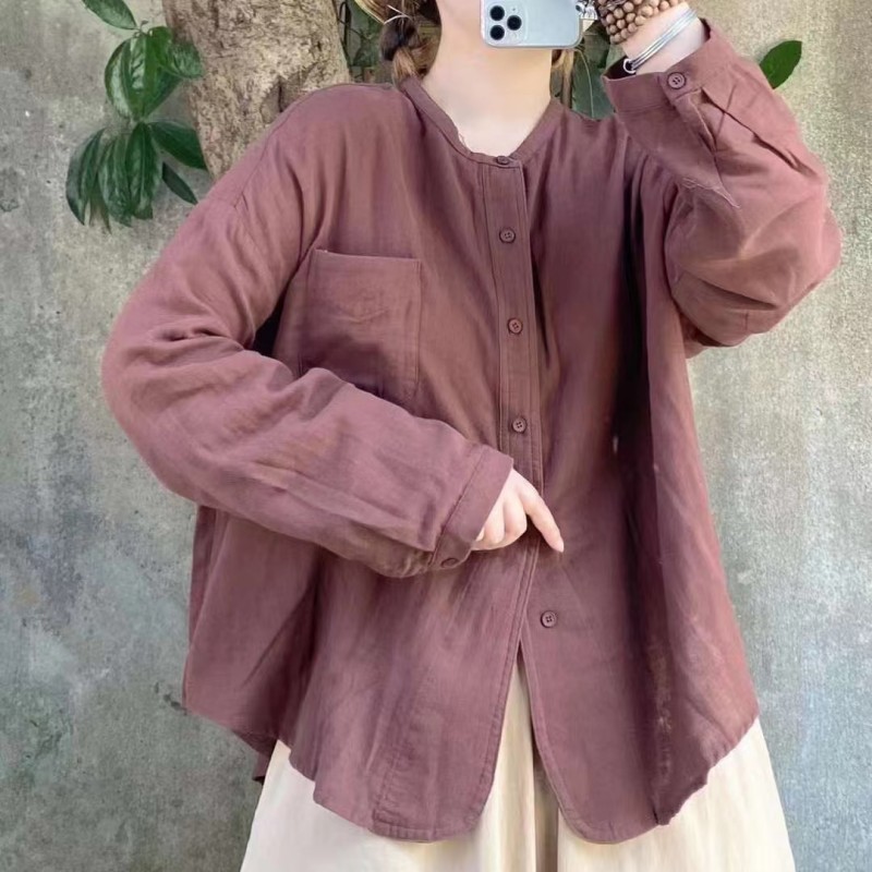 复古文艺森系双层棉纱衬衫女秋季新款宽松休闲百搭简约长袖上衣女