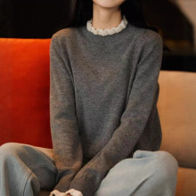 木耳边撞色针织打底衫25年秋冬季别致小立领假两件针织毛衣女