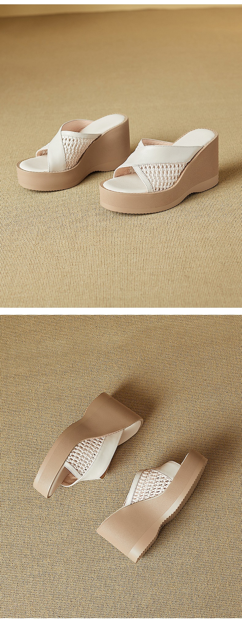 Sandal cao gót nữ mũi cá dày đế xuồng, chất liệu da bò đầu, thiết kế đan rỗng quai ngang — đen chi tiết 10