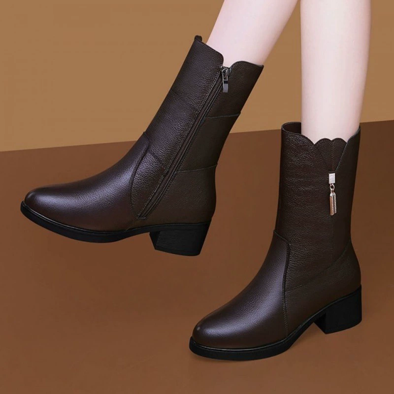 Сапоги из натуральной мягкой кожи среднего размера, женские осенне-зимние Новые Теплые Ботинки Martin на флисовой подкладке, женские хлопковые сапоги на среднем каблуке, на толстом каблуке, зимние сапоги