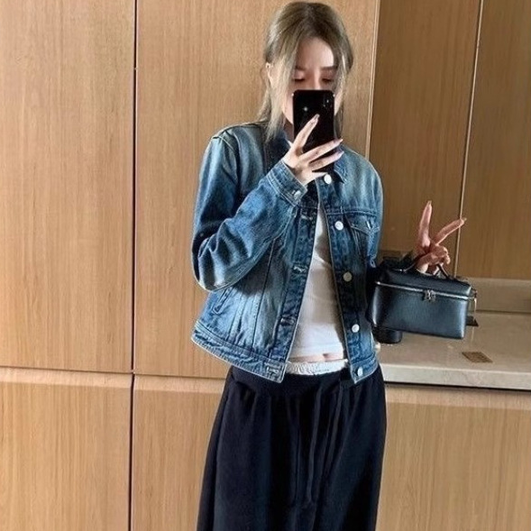 American Retro Short Denim Jacket for Women Petite Spring and Autumn New High-End Street Niche Casual Jacket