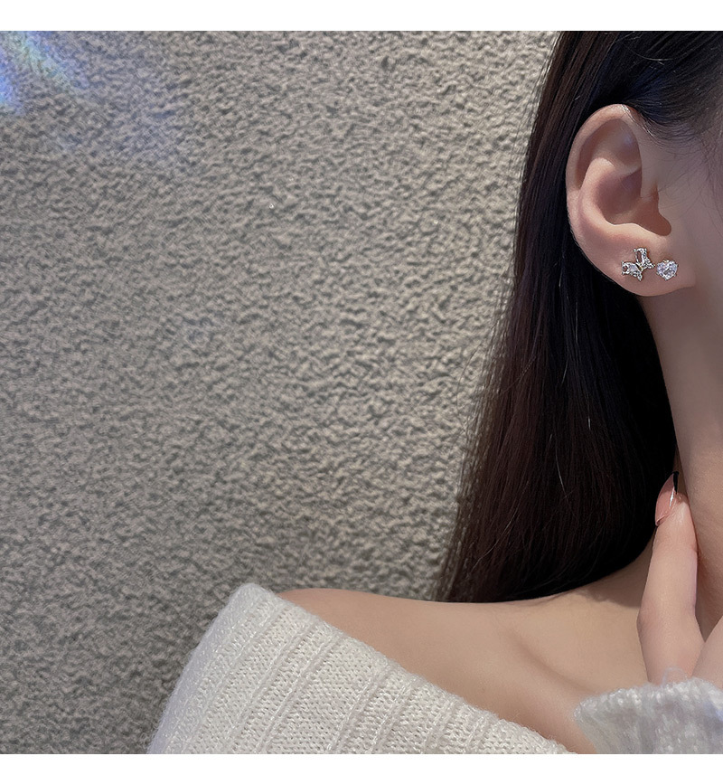 Simple Style Heart Shape Bow Knot Copper Inlay Zircon Ear Studs 4 Piece Set