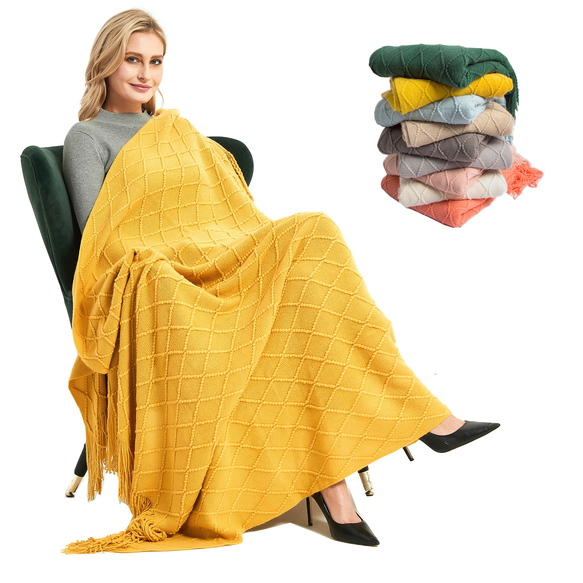 Unisex Four Seasons blanket Office air conditioning blanket Solid color knitted blanket sofa blanket B&B hotel bed end towel fringe cape_voghion.com