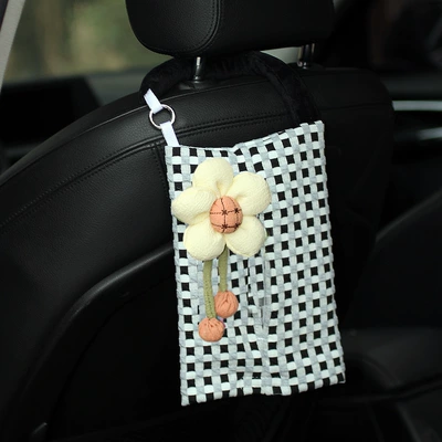 Fabric Cover, High-End Feel, Hanging | Car tissue box/set - black-grid-tissue-ivory-white-flower