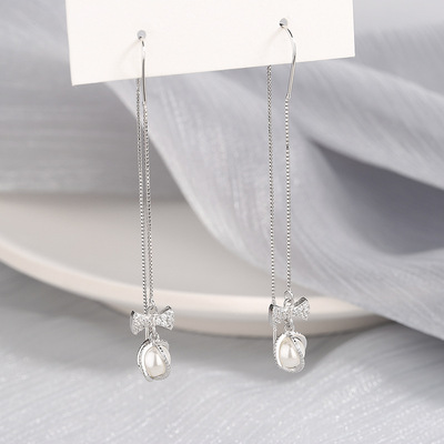 s925 Sterling Silver bow Mermaid Ear line the republic of korea temperament tassels Female models Earrings Ear Studs Silver Accessories