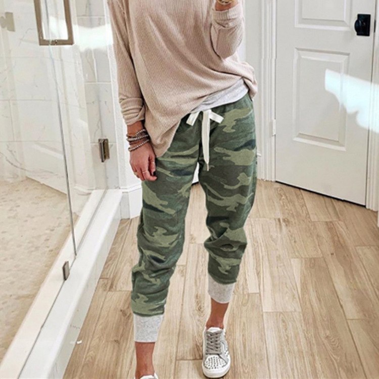 2025 Amazon New European and American Women's Pants Camouflage Print Casual Drawstring Jogging Women's Pants