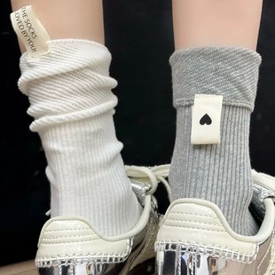 K-Style of Ins Heel Cloth Label Calf Socks Spring & Fall Thick Thread Knitted Vertical Strip Pure Color Relaxed Feeling Versatile Pile Socks for Women