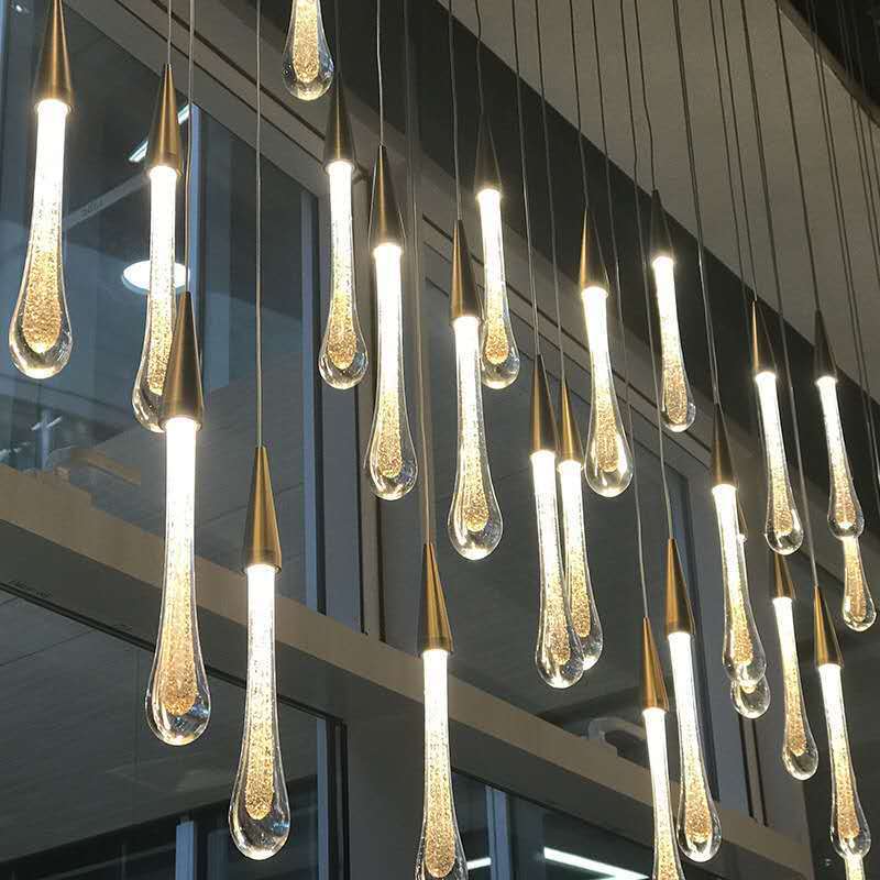 Villa moderna y minimalista lluvia meteorita chandelier gota de agua chandelier escalera de luces LED personales restaurante bar gota de luz