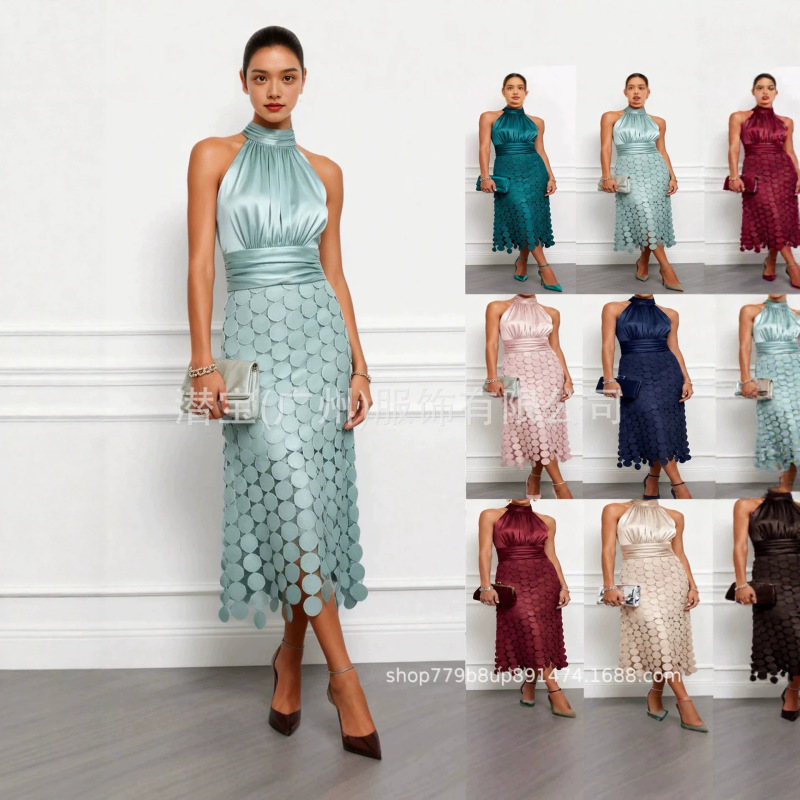 New cross-border fashion dress for European and American women, featuring a sophisticated design, solid color, halter neck, off-the-shoulder style, a fitted waist, and a round skirt hem
