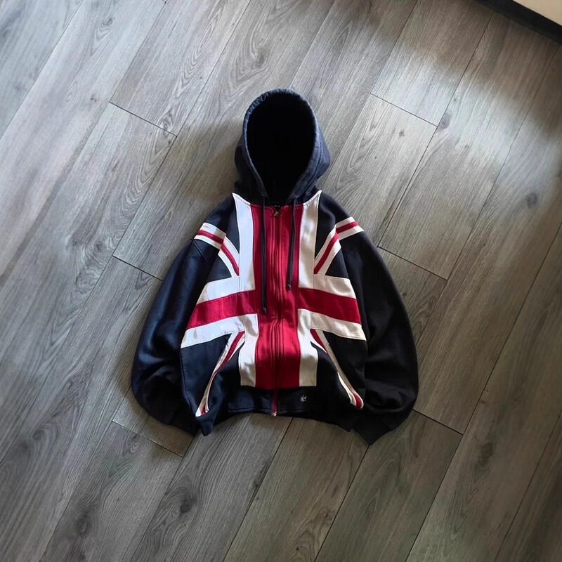 Cross-border Amazon bestseller Union Jack flag hooded zip-up sweatshirt, loose-fitting trendy jacket, unisex casual top