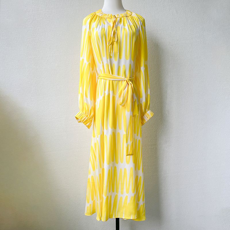 Silk Tape Waist dress 2025 Spring and Summer New Round Neck Long Sleeve Elegant Niche Design Sense Yellow and White Print