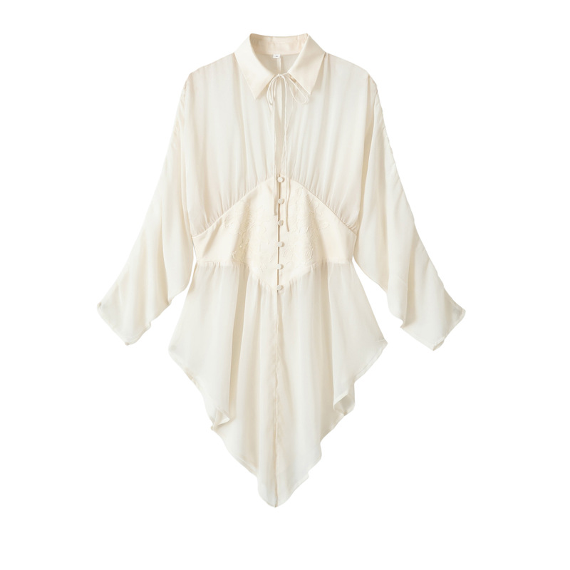 Amazon Wholesale New Summer Women's Versatile Collared Long-Sleeve Chiffon Semi-Transparent Lace Shirt 5919134