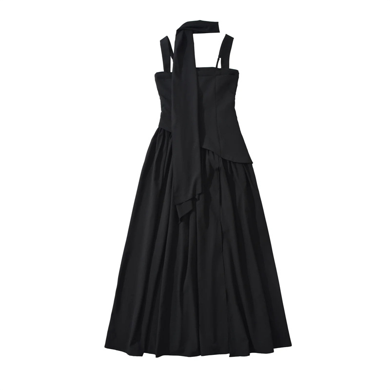 European American Style Scarf-strap Dress For Women, With A Stylish Sexy High Slit, Waist-cinching, Pleated, And Long_ecoleips.com
