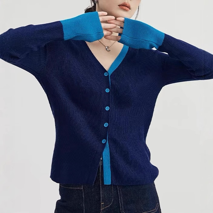 Color-Blocked Faux Two-Piece Knit Sweater for Women, Spring 2025 New Design, Niche Slim-Fit Cardigan Top