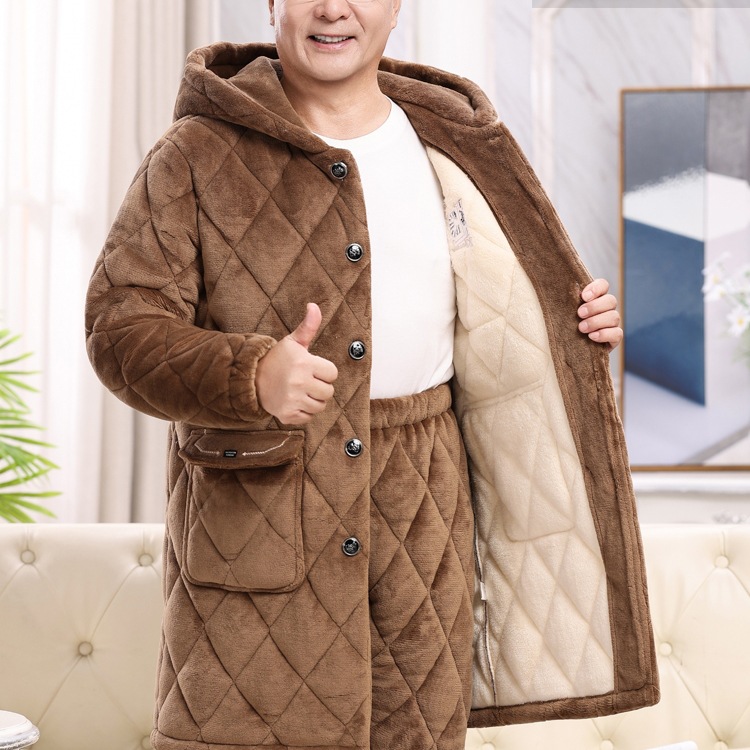 Extra Long Hooded Pajamas for Men, Quilted Coral Velvet, Middle-Aged and Elderly Autumn and Winter Thickeneded and Velvet Dad's Warm Home Clothes