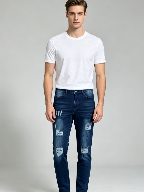 Jeans Elásticos con Roturas para Hombre de Mezclilla de Algodón, Corte Ajustado, para Uso Casual image 4