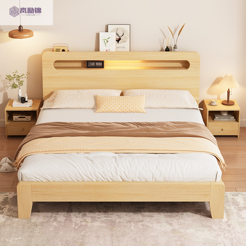 Solid Wood Bed 1.5m Home Bed Double 1.8X 2m Simple Modern Rental Economical 1.2m Single Bed Frame