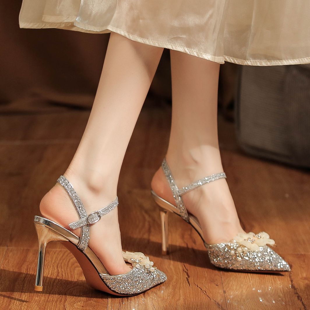 8188-1-003 Sequin High Heels Sandals Two-Way Wear High-End Feel Party Wedding Shoes Commuting Versatile_voghion.com