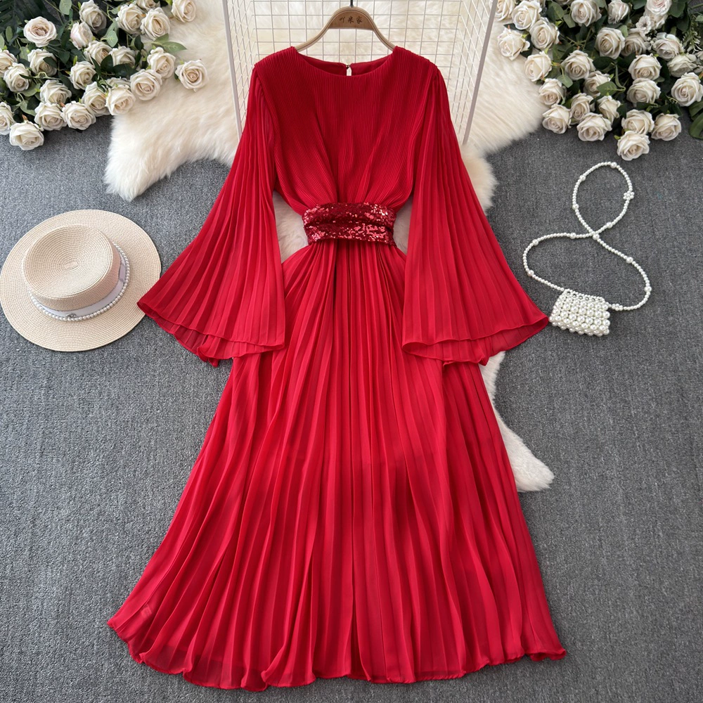 Высококачественный темперамент элегантное платье женское нишу ретро плиссированные рога с длинными рукавами подвески, тонкое шифоновое праздничное платье