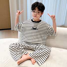 黁白男童睡衣套装夏季薄款2026新款中大童夏装男孩条纹短袖儿童家