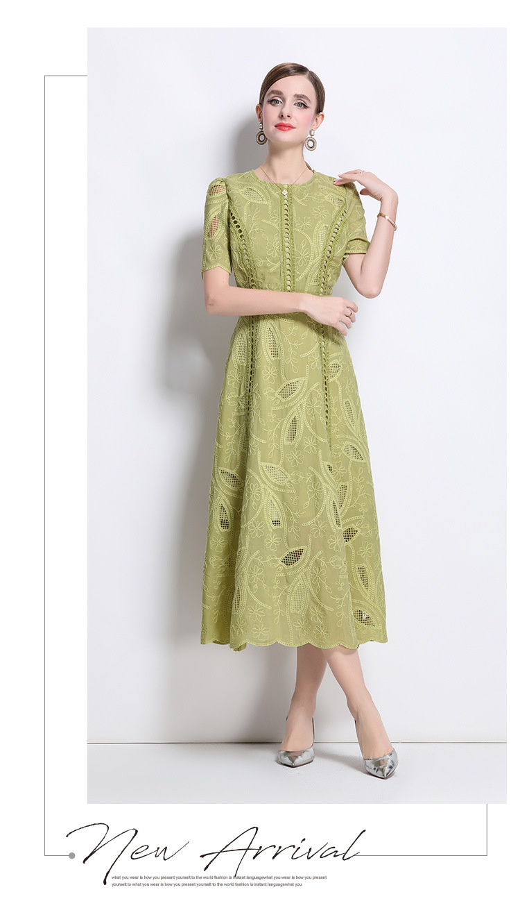 Đầm maxi nữ thắt eo cổ điển Pháp ren thêu họa tiết tay ngắn — màu đen, xanh nhạt, màu hồng, Xanh da trời nhạtcolor chi tiết 13