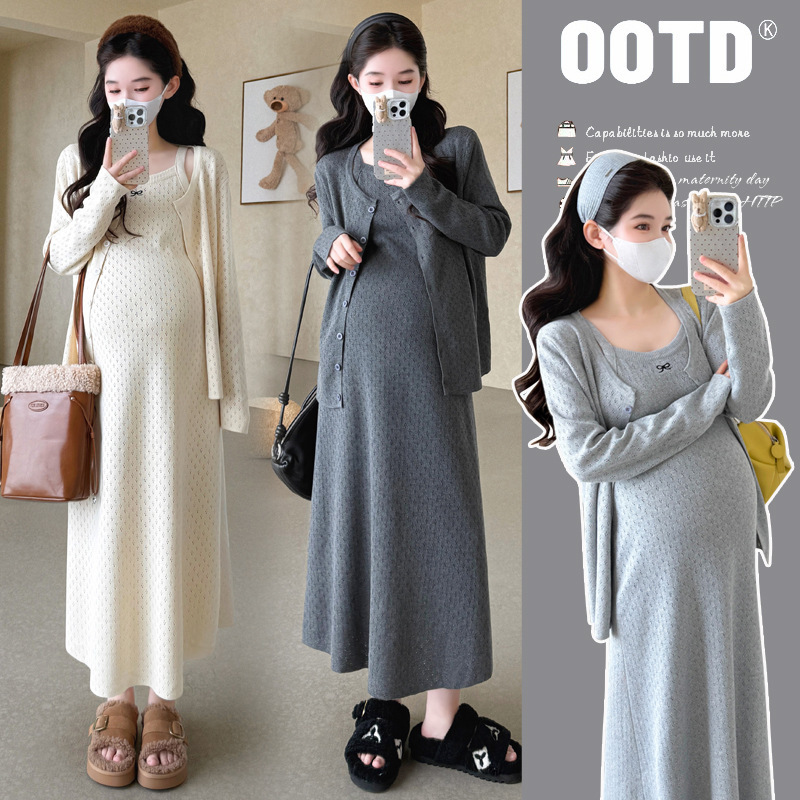 Maternity Dress Autumn and Winter Trendy Mom New Design Suit Autumn Cut Out Embroidered Knitted Skirt Two-Piece Set Maternity Dress Autumn and Winter Trendy Mom New Design Suit Autumn Cut Out Embroidered Knitted Skirt Two-Piece Set