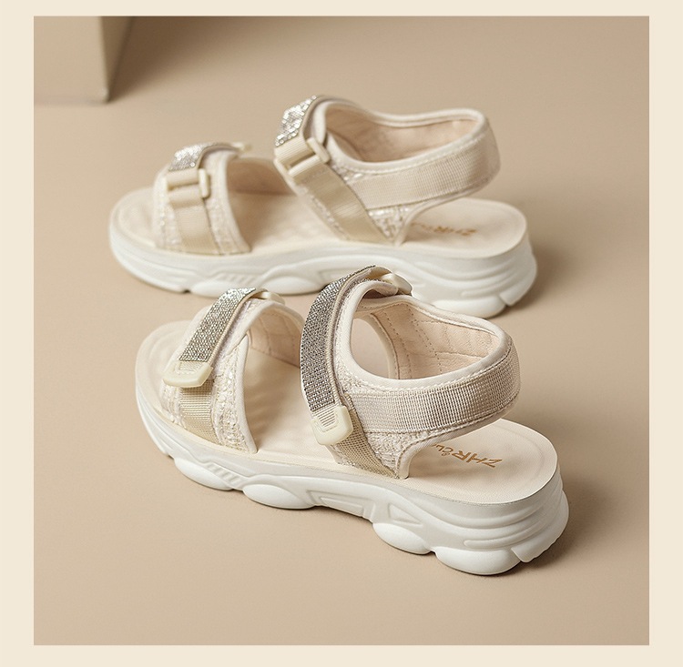 Sandal nữ đế dày quai dán đính đá phong cách thể thao — ES58 Màu be chi tiết 20