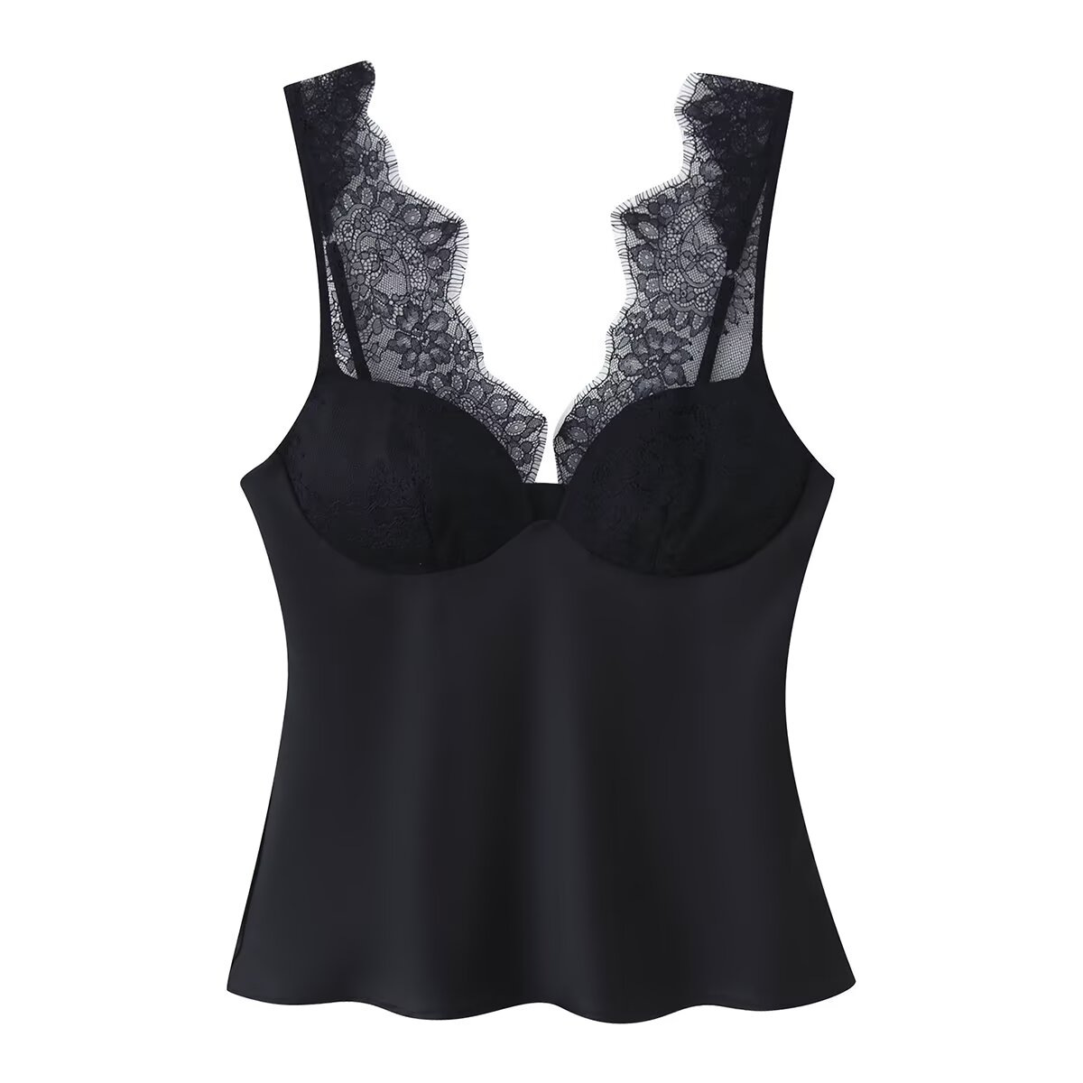 Women's Lace Satin Sleeveless Vest Top American Style Fashionable Autumn Winter Clothing Regular Fit Tank Camis_ecoleips.com