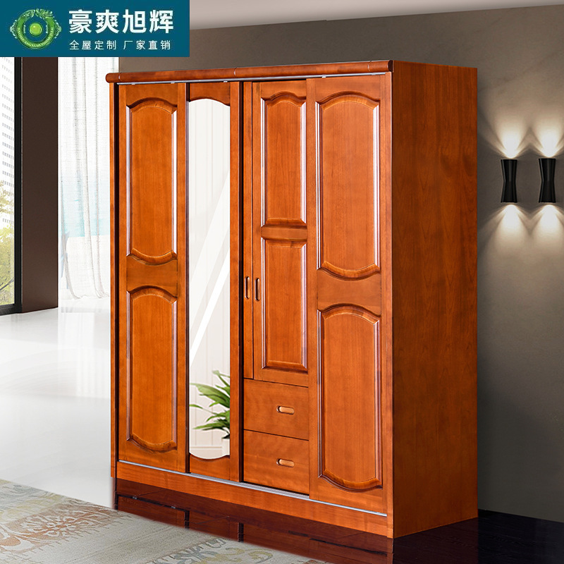 Solid Wood Wardrobe Sliding Door with Mirror, Camphor Wood, Chinese Style, Simple Sliding Door, Large Capacity Storage Cabinet, Bedroom Wardrobe, Master Bedroom