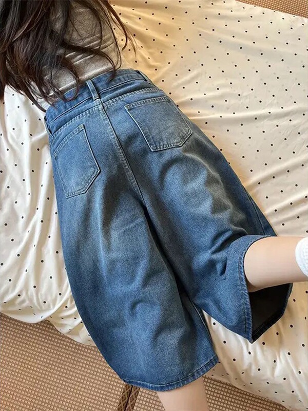 Vintage Blue Washed Denim Shorts for Women, Summer Thin High-Waisted Loose Fit, Slimming Plus Size, Wide-Leg Mid-Length Shorts