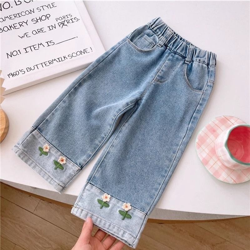 Trendy girls' autumn new straight wide-leg pants, children's loose versatile denim trousers, casual pants for older kids