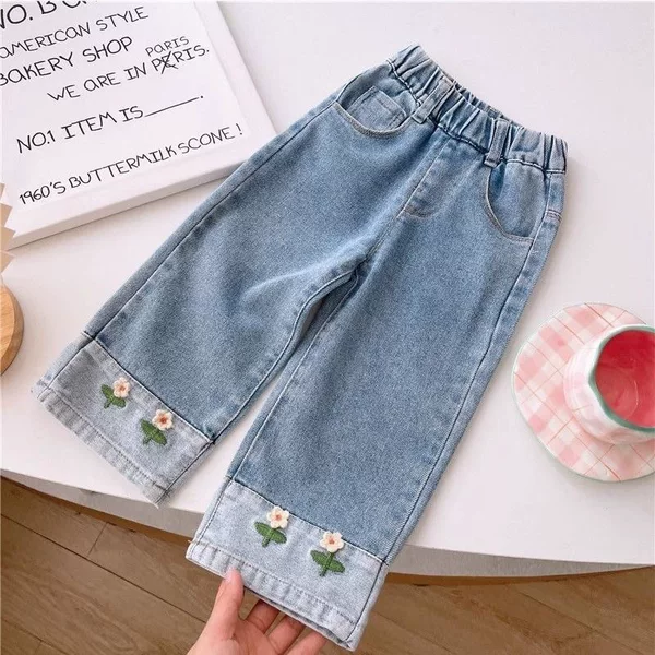 Trendy girls' autumn new straight wide-leg pants, children's loose versatile denim trousers, casual pants for older kids