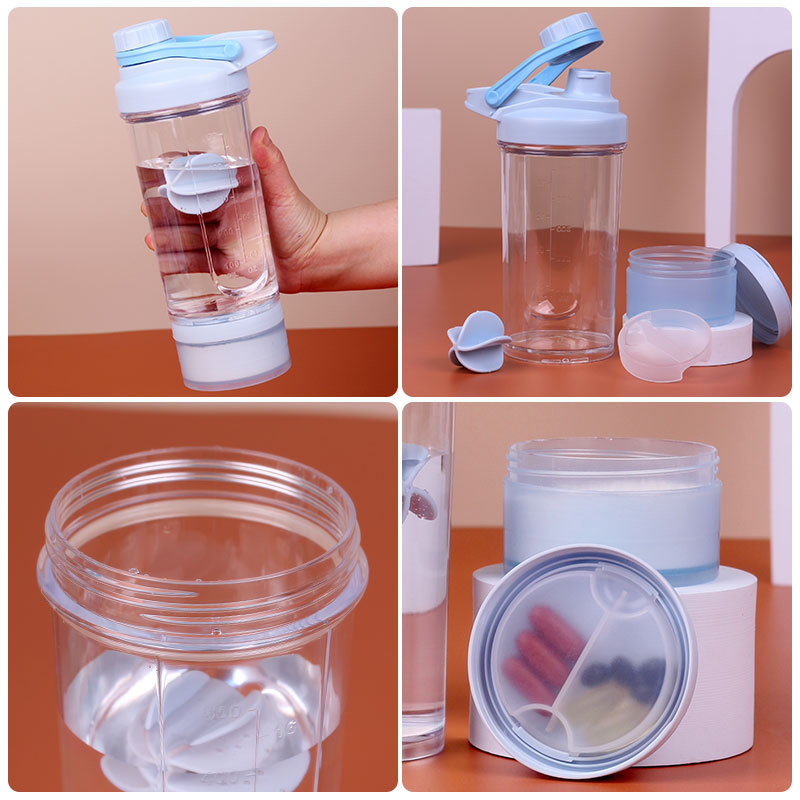 PS taza de batido de plástico proteína en polvo deportes fitness batido de leche taza 500ml mango con caja de polvo caja de medicina taza de batido