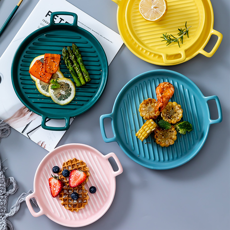 Nórdico placa redonda creativa hogar plato de cerámica horno de microondas binaural placa para hornear Placa de filete Placa de porcelana