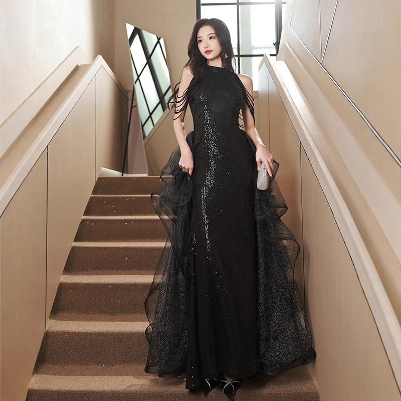 Black Evening Dress for Women 2026 New Style Host Long Sexy Fishtail Dress Sequin Tassel Shiny Dress