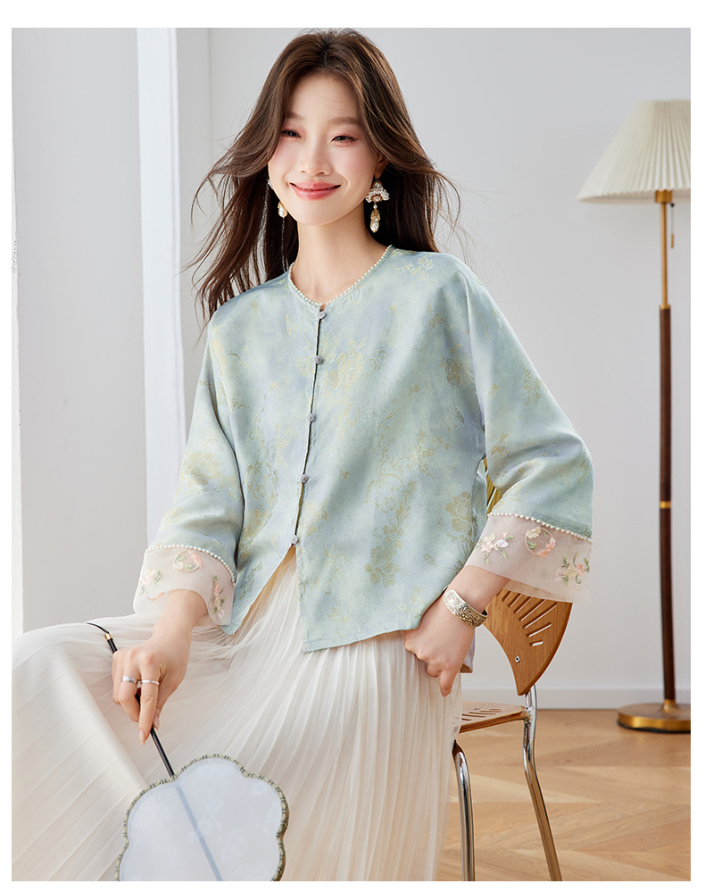 Bộ áo khoác ngoài và chân váy xếp ly thêu hoa phong cách tân cổ điển Trung Quốc — xanh lam, màu tím, Màu hồng chi tiết 21