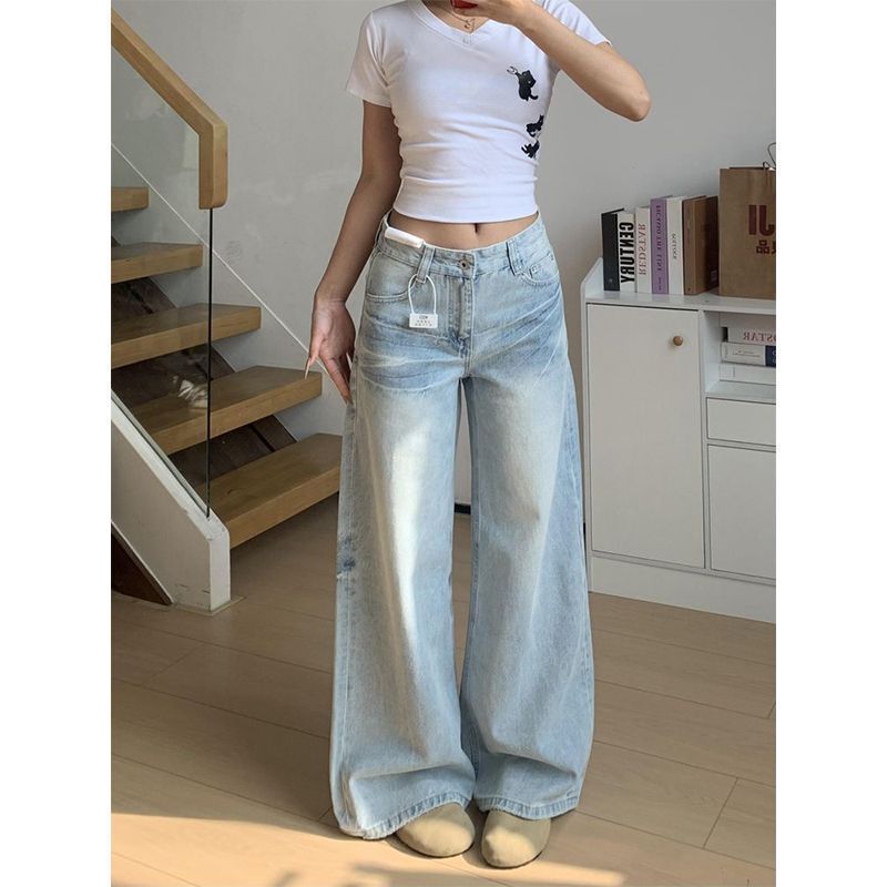 145 Petite American-Style Washed Light Blue Loose Wide-Leg Jeans for Women, Summer Low-Waist Versatile Straight-Leg Floor-Length Pants 145 Petite American-Style Washed Light Blue Loose Wide-Leg Jeans for Women, Summer Low-Waist Versatile Straight-Leg Floor-Length Pants
