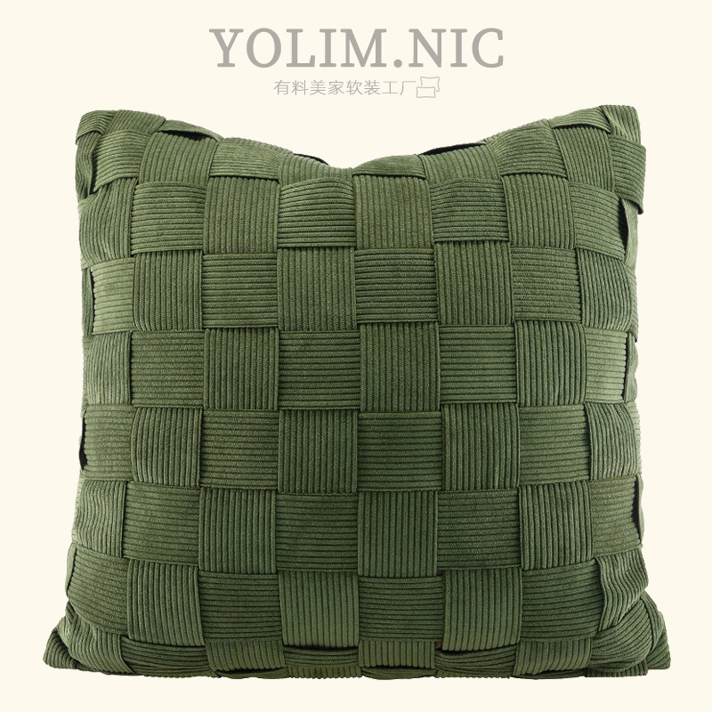 松绿色灯芯绒条纹手工编织抱枕日式北欧ins客厅沙发50cm方靠垫套