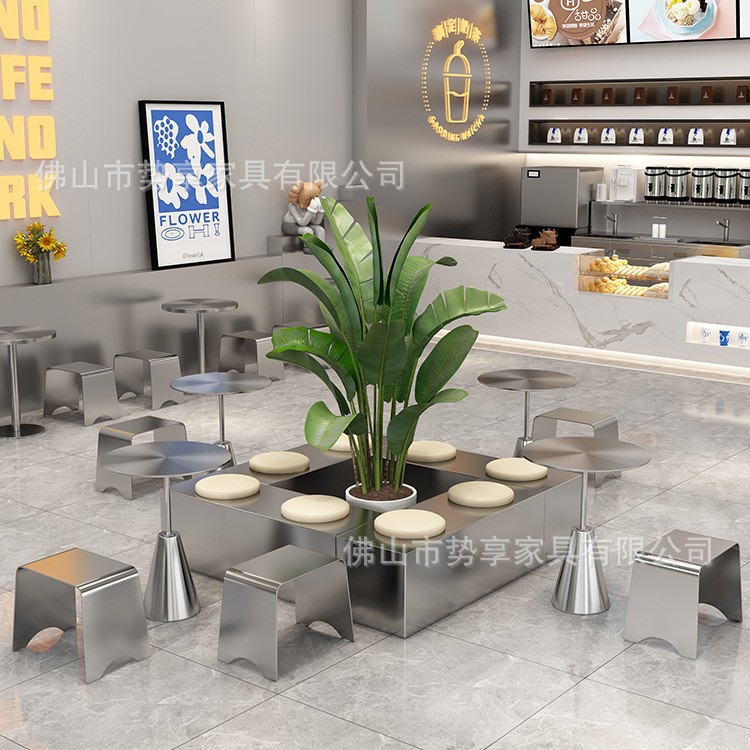 工业风咖啡店奶茶店不锈钢桌椅组合网红甜品小吃店透明折叠椅商用