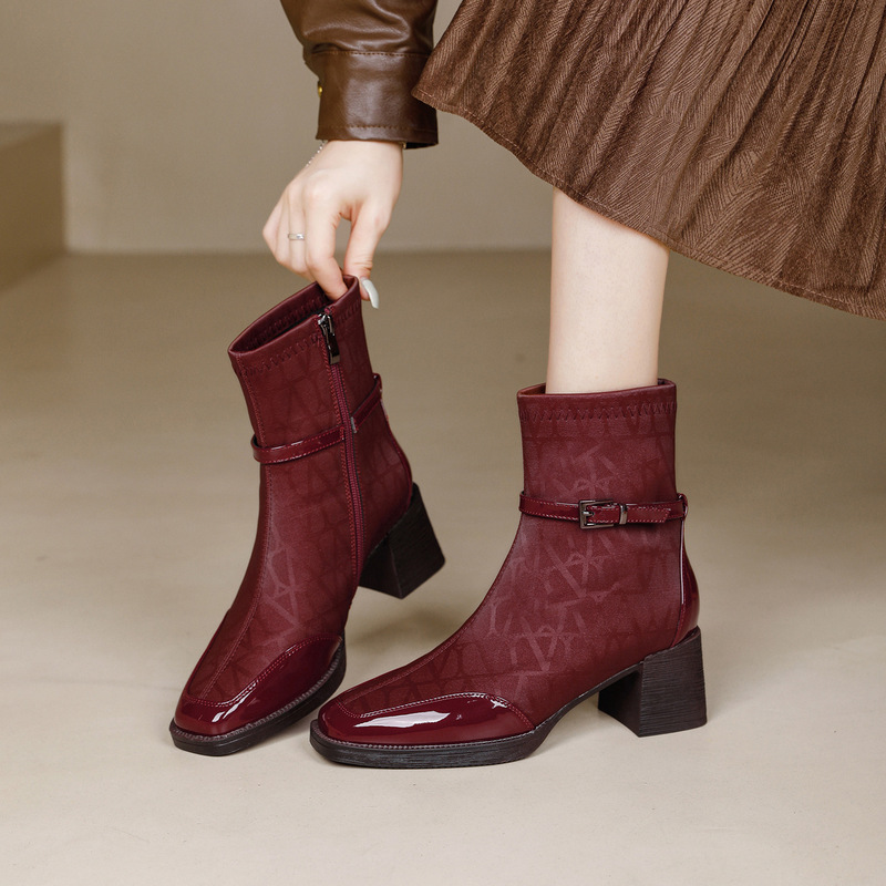 High-Heeled Short Boots for Women 2025 New Winter Chinese Style Red Wedding Boots Side Zipper Thick Heel Boots Women's Mid-Calf Boots