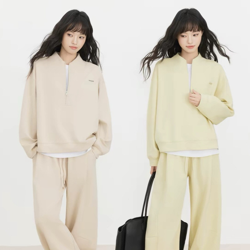 GRASS SPACE two-tone casual style half-zip long-sleeve sweatshirt and wide-leg pants two-piece set for women in autumn GRASS SPACE two-tone casual style half-zip long-sleeve sweatshirt and wide-leg pants two-piece set for women in autumn