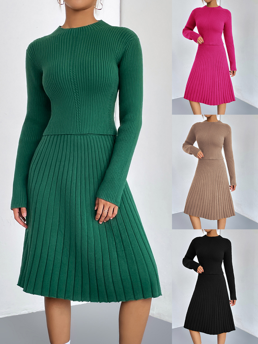 Transfronterizo europeo y americano de color sólido a línea falda Otoño e Invierno de punto suéter traje falda delgada temperamento de dos piezas